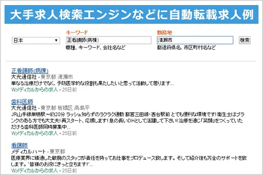 大手求人検索エンジン画面にWメディカルの求人が表示されている様子